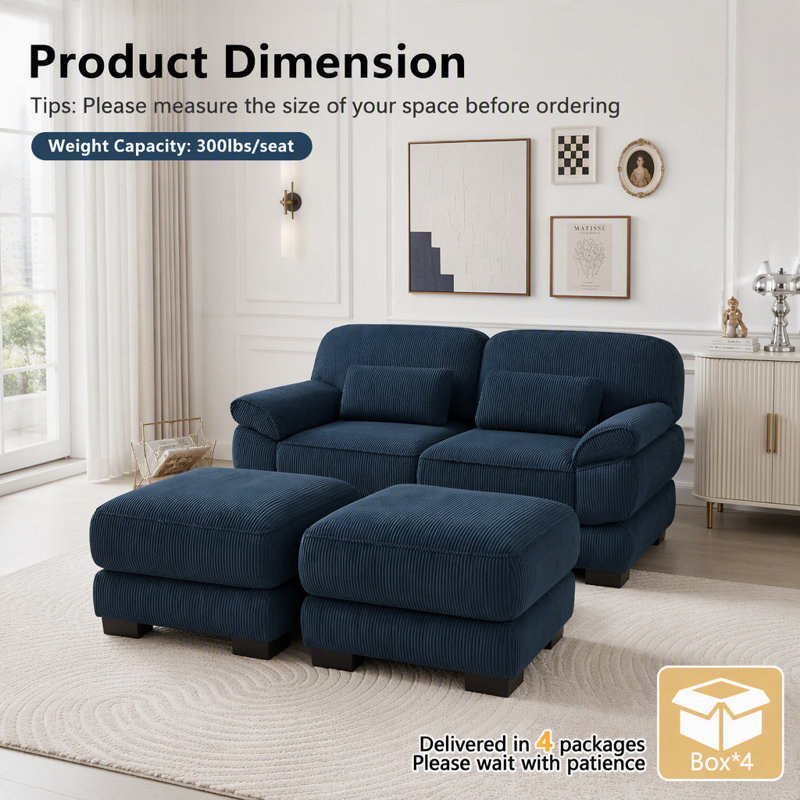 Canapé modulaire en U avec 2 repose-pieds Cloud Couch, 2-Seater & 2-Ottoman, Blue
