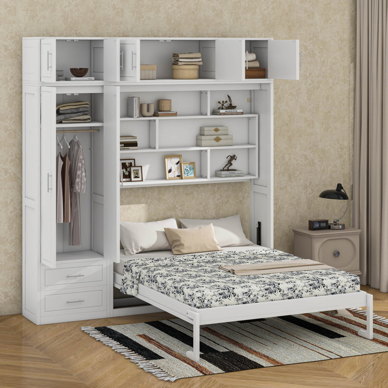 Grand lit escamotable avec armoire et armoire, Blanc