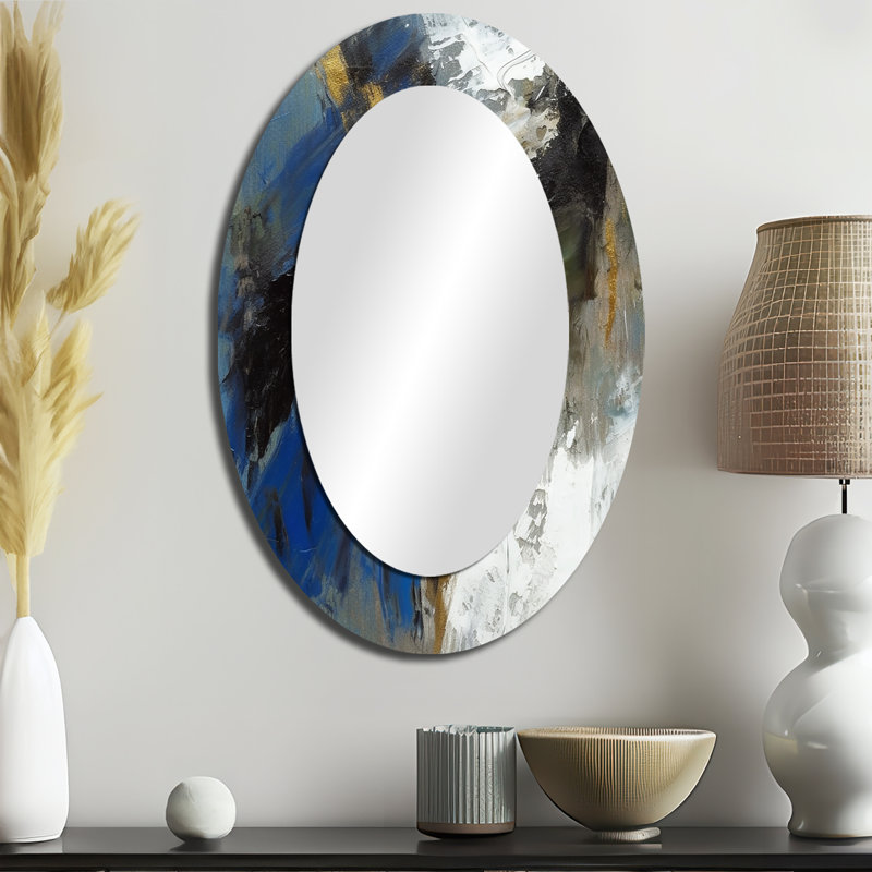 «Comfort Of Knowing» abstrait bleu et or I - grand miroir mural ovale sur métal, 36 po x 24 po