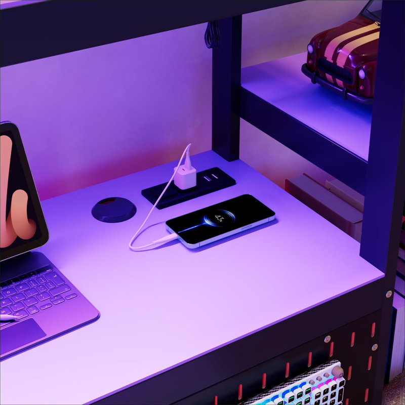 Lit plateforme simple en bois aggloméré moderne noir avec cadre et bureau intégré avec rangement
