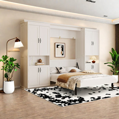 Lit escamotable double gain de place avec rangement, en bois MDF, style moderne blanc pour chambre d'amis