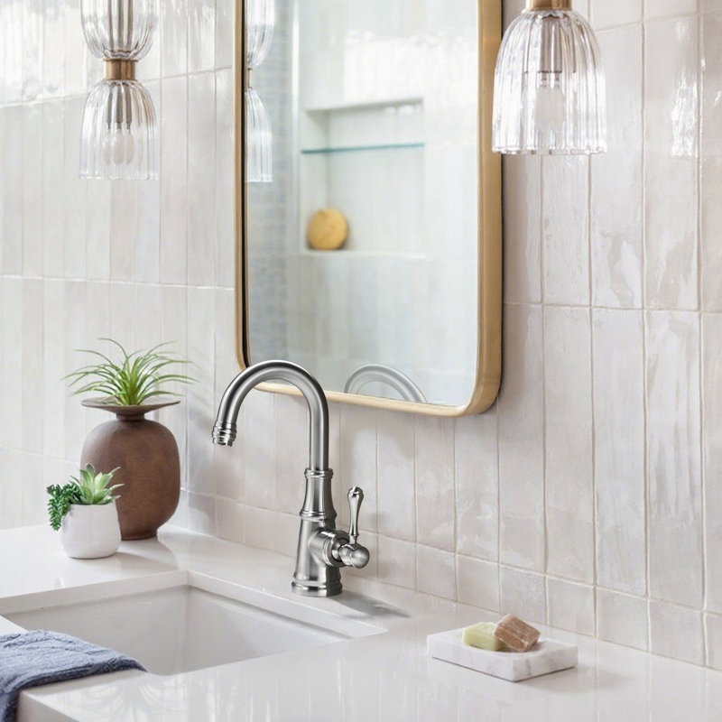 Robinet de lavabo pour salle de bain à poignée simple en laiton massif 10,9 "H, Nickel brossé