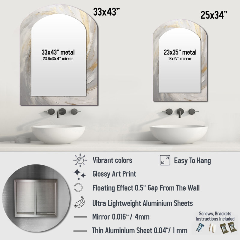 Soft Wave Vortex V - Large Arched Wall Mirror On Metal, 34" x 25"