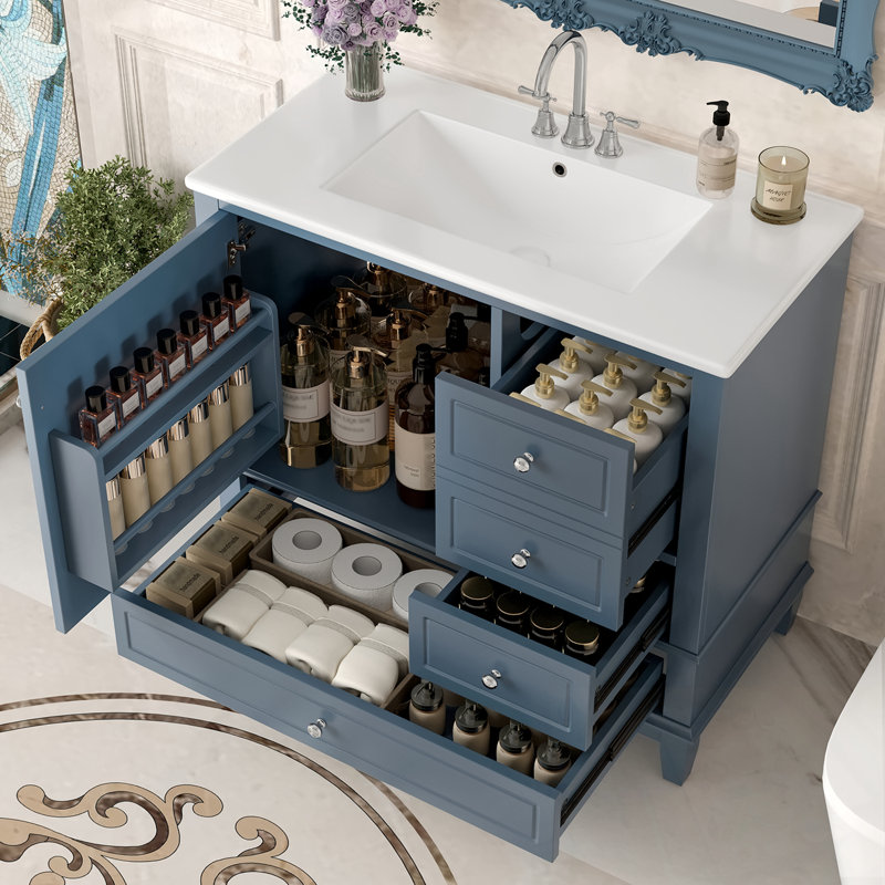 Meuble-lavabo avec lavabo, 3 tiroirs et tablettes de porte, Bleu gris
