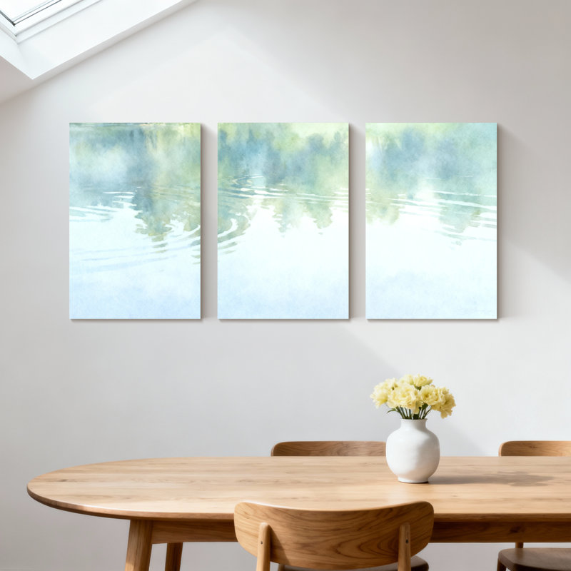 Hiver, forêt, reflet de l'eau, ciel bleu, vert, calme, ensemble serein de 3 impressions sur toile, H 30 po x l 60 po