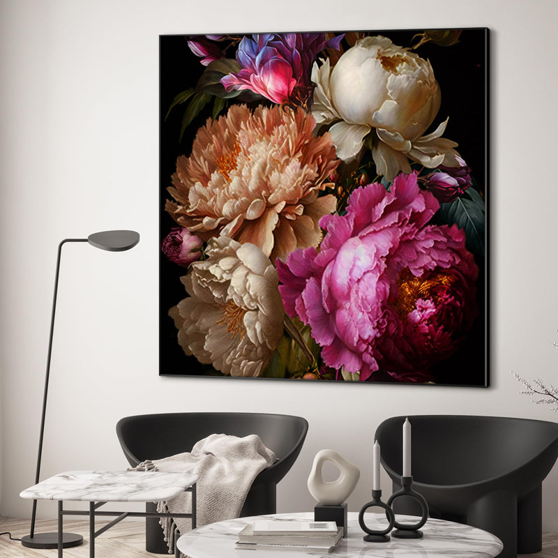 Très grand art mural imprimé sur tissu - arrangement floral, pivoines et magnolias éclatants pour le salon ou la chambre à coucher - «Assemblage requis du cadre (cadre non fini)»
