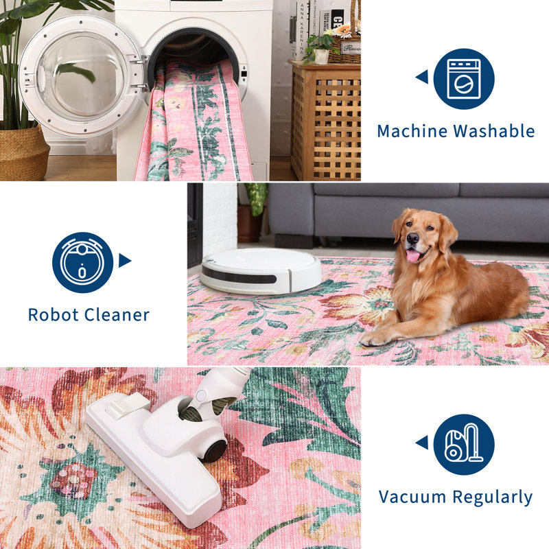 Area Rugs Washable Floral Print Rug for Living Room or Bedroom - Collapsible, Non-Slip, Easy to Clean, Pet Friendly Carpet - Modern Home Decor