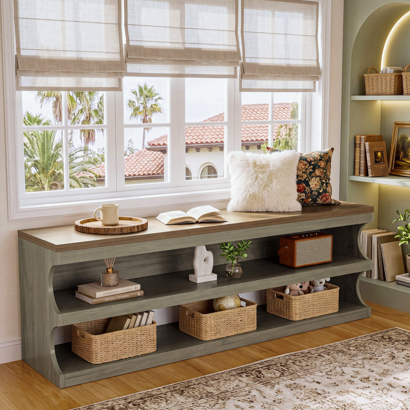 Upholstered Bench with Shelves