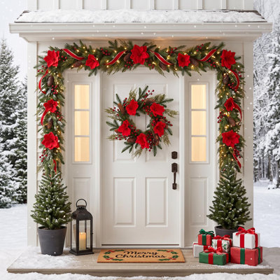 24" Pre-Lit Magnolia Christmas Wreath with Red Berries, 20 LED Lights, 8 Lighting Modes & 6H Timer for Front Door, Mantel & Window Decor