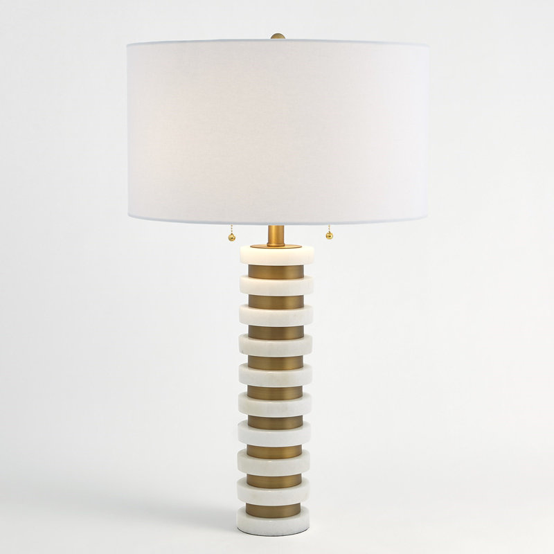 Elegant White Marble & Brass Table Lamp with Linen Shade