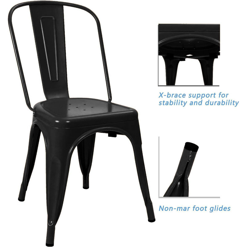 Metal Indoor-Outdoor Chairs Distressed Style Kitchen Dining Chairs Stackable Side Chairs With Back Set Of 4, Black