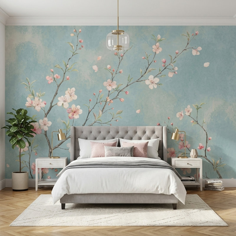 Papier peint aquarelle bleu pâle avec des motifs de branches de cerisier en fleurs, 140 po x 108 po, Non tissé