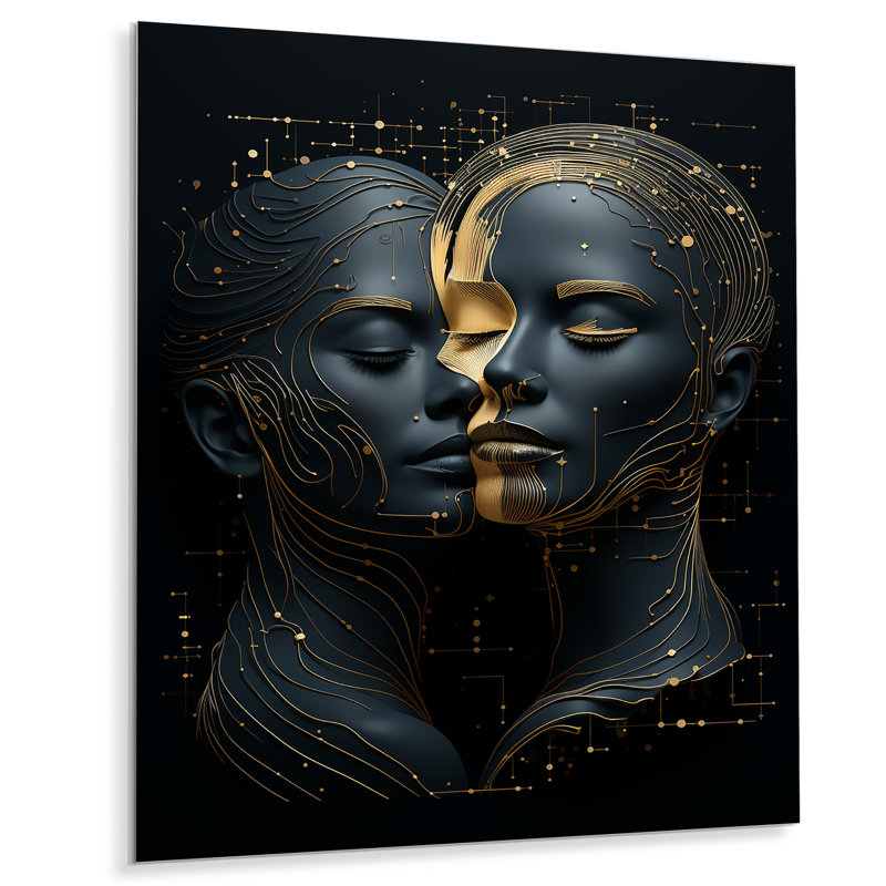 Portrait de femme céleste dorée et noire I - art en métal tendance, H 40 po x l 30 po x P 1,5 po