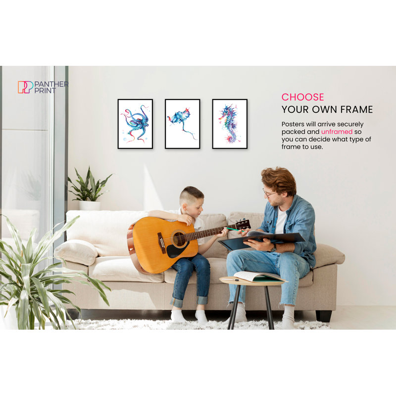 Octopus, Seahorse, And Stingray Bathroom - 3 Piece No Frame Print Set, 29.7cm H x 21cm W