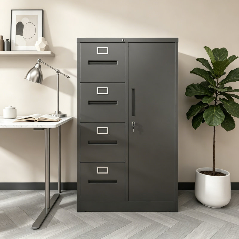 Metal Storage Vertical Filing Cabinet With Lock, Steel File Locker With 4 Drawers And 1 Door For School, Living Room, Bedroom, Office