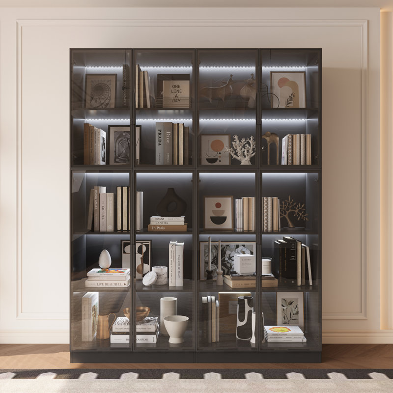 L 63 po - Bibliothèque avec portes vitrées et lumières DEL, 78.7"H x 63"W x 16"D, Noir