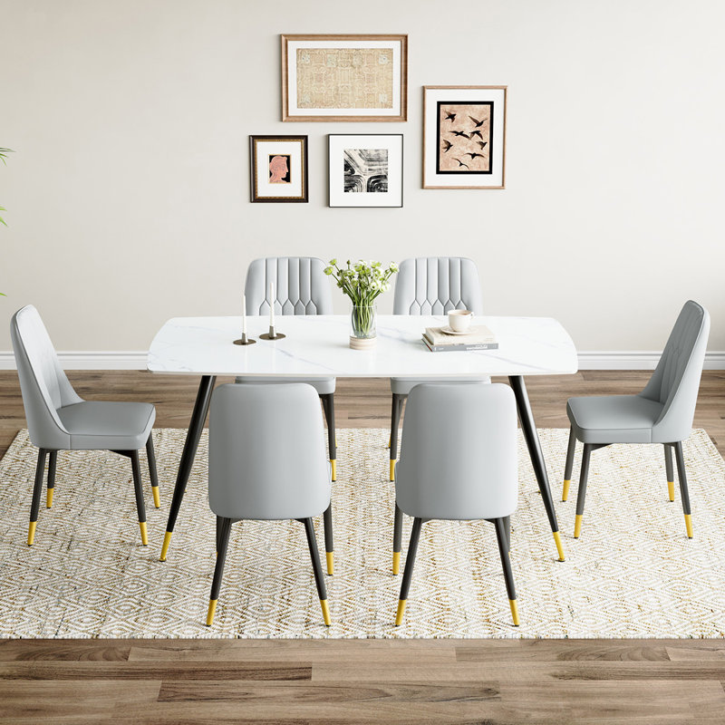 Marble Top Dining Set, Light Gray, Black, 7