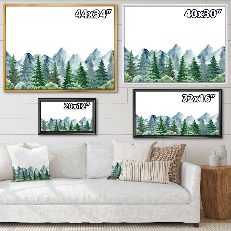 Paysage de montagne avec sapins I - reproduction sur toile, Toile à cadre flottant blanc, H 34 po x l 44 po