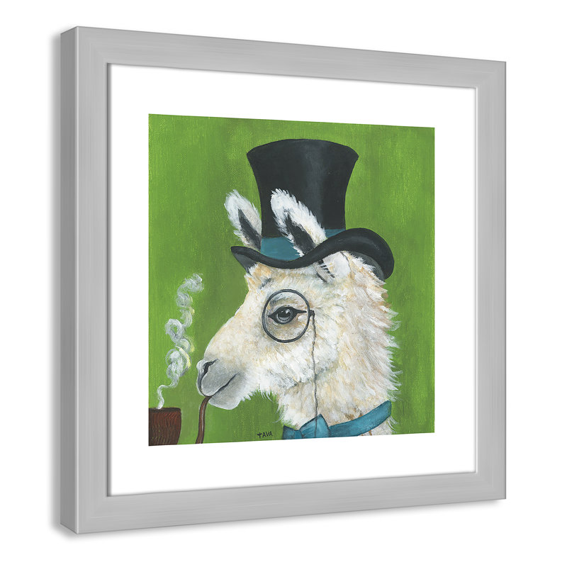 Lama et tuyau, art encadré, H 18 po x l 18 po x P 0,625 po, Cadre argenté