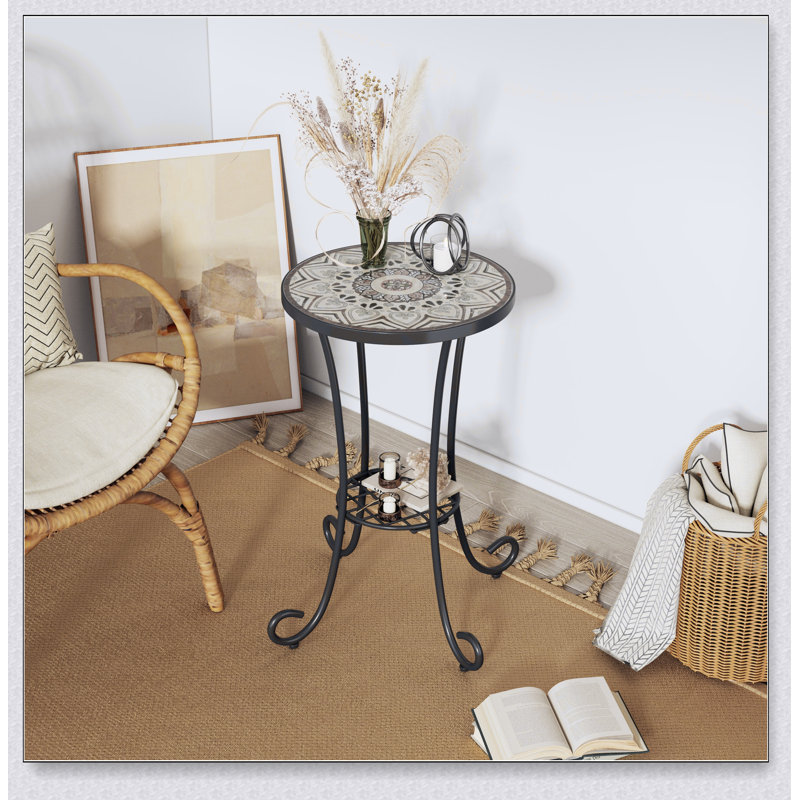 Patio Side Table with Shelf,Brown+Black