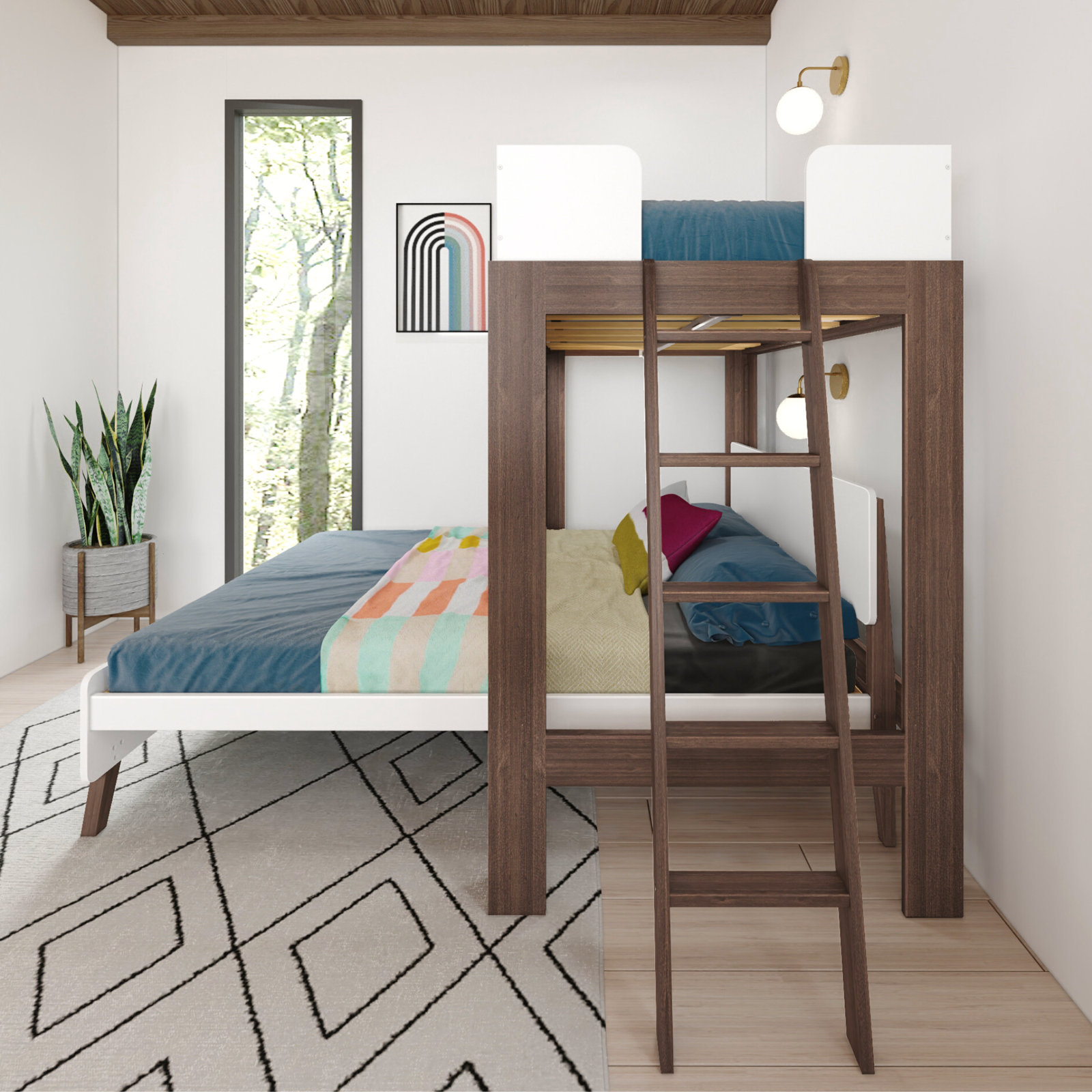 Ambur Solid Wood L-Shaped Bunk Beds by Isabelle & Max, Twin over Queen, White/Walnut