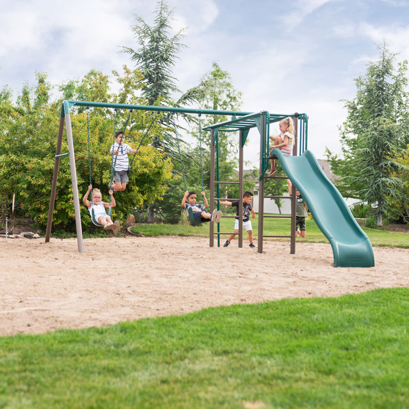 Green and Brown Metal Monkey Bar Swing Set with Slide