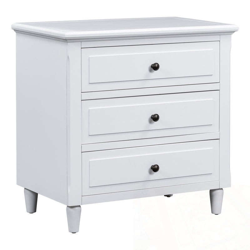 Table de chevet en bois avec 3 tiroirs et poignée en métal, Blanc