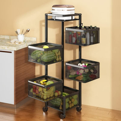 Support de rangement rotatif pour cuisine avec roulettes verrouillables et panier amovible en acier inoxydable, support de rangement pour fruits et légumes pour la cuisine, la salle de bain ou la chambre à coucher (noir, 5 niveaux)