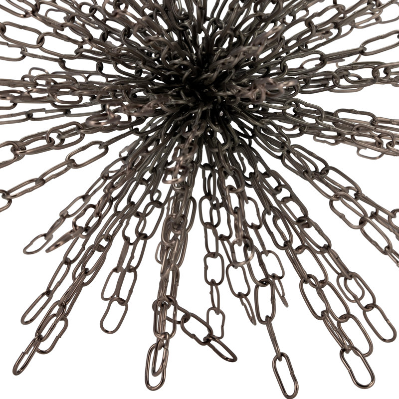 Iron Metal Orb with Abstract Chain-Link Burst Design Modern Decorative Sculptural Accent Contemporary Art Object, Black
