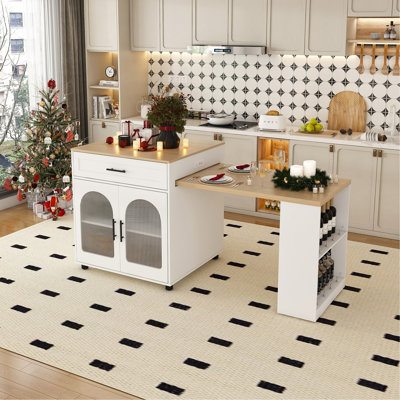 80-Inch Expandable Kitchen Island With Dining Table, Solid Wood Grain Countertop With Power Outlet, Mobile Storage Cart With Cabinet & 2 Drawers, Kitchen Prep Table