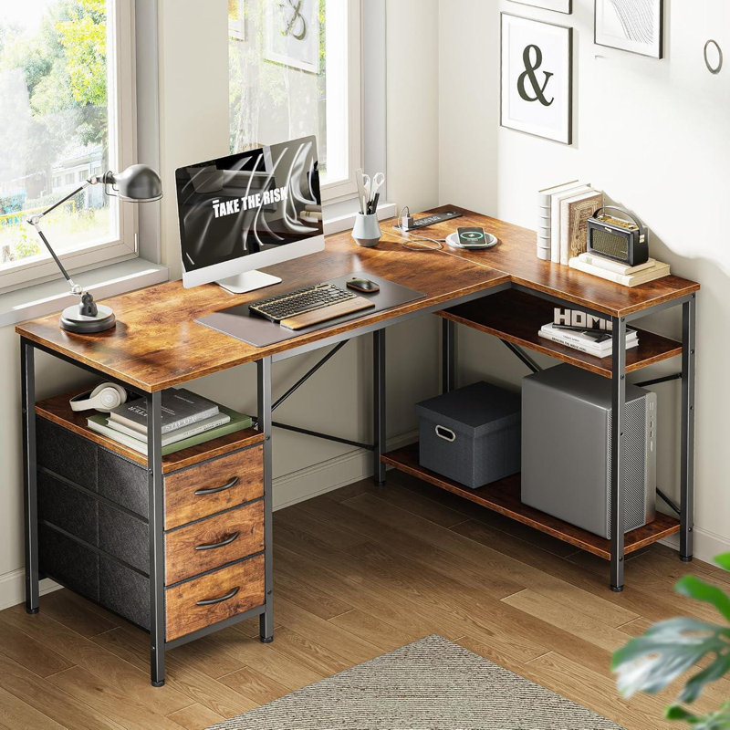 L-Shaped Office Desk With Power Outlet, 47-Inch Computer Desk With 3 Drawers And Shelves, Suitable For Gaming, Corner Work, Home Office, Study, Retro Brown.