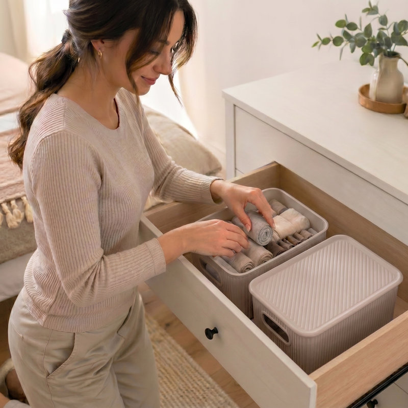 Panier en plastique nervuré, 2, Taupe, H 5 po x l 7 po x P 10,5 po