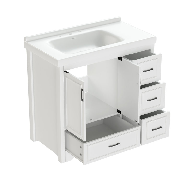 Meuble-lavabo 36 po avec lavabo simple, meuble-lavabo sous-comptoir moderne avec 2 portes et 4 tiroirs. Blanc, l 35,8 po x P 19,7 po x H 35,4 po.