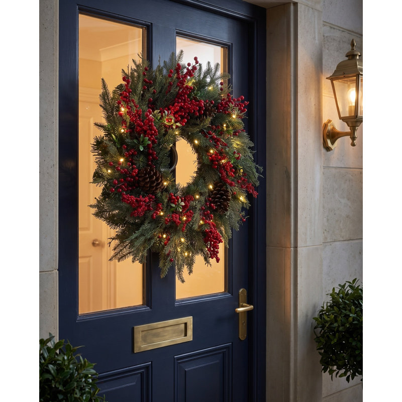 YULETIDE FOREST - 26" Christmas Wreath with 50 Warm White 8 Function LEDs
