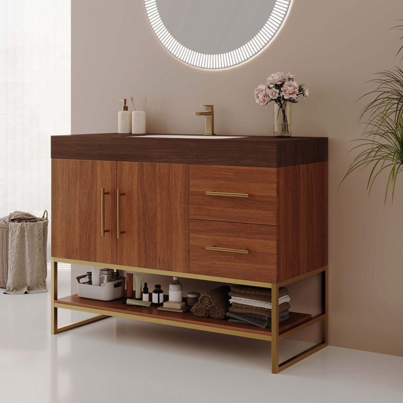 36" Modern Bathroom Vanity With Seamless Ceramic Sink & Accent Free Standing Cabinet, Walnut