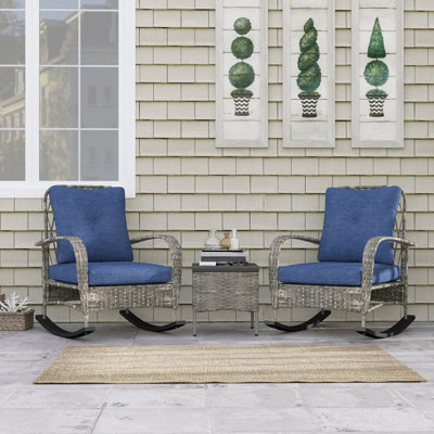 Ensemble de meubles de patio en osier 3 pièces, chaises berçantes en rotin PE avec table basse, coussins, ensemble bistro d'extérieur pour porche, jardin, bord de piscine
