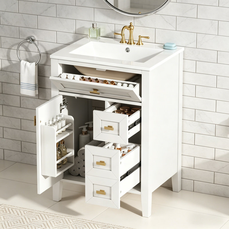 Meuble-lavabo moderne 24 po avec lavabo, armoire de rangement à fermeture en douceur et tiroirs 24 po, Blanc