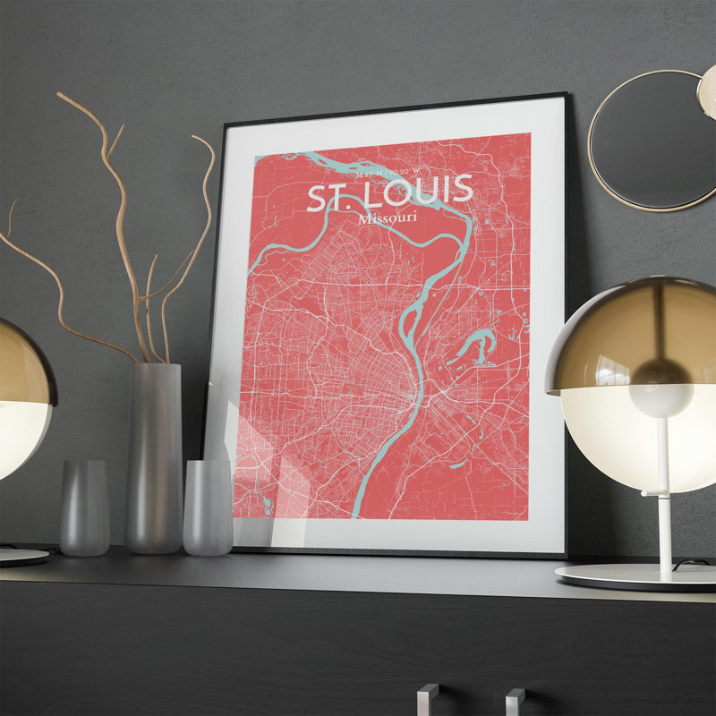 St. Louis City Map, impression, Rose / bleu pastel, H 24 po x l 18 po