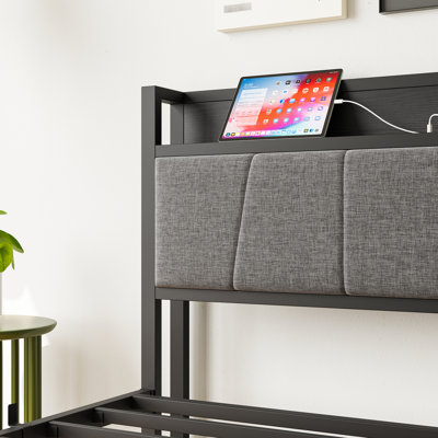 Lit simple avec cadre insonorisé, tête de lit avec charge de rangement - très stable, s'adapte à tous les matelas avec cadre noir et tête de lit respirante