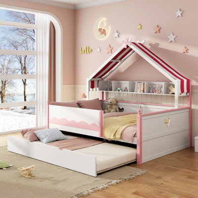 Full Size House Bed with Fabric Tent Canopy, Built-In Bookshelf and Twin Trundle