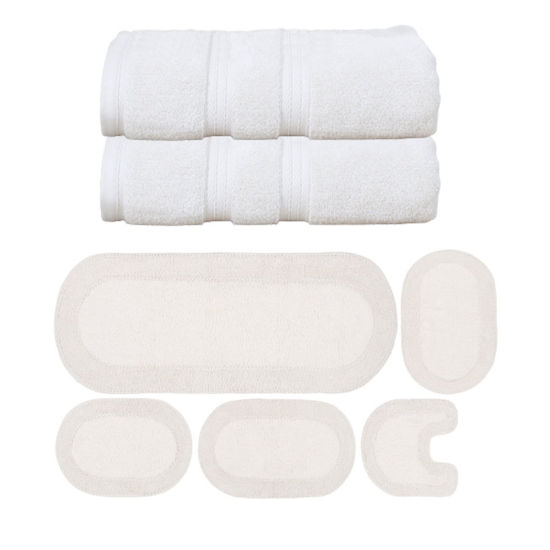 Brunk Collection 100% Soft Cotton 2 Pc Bath Towel & 4 Pc Bath Rug Set, (Set of 6), Ivory