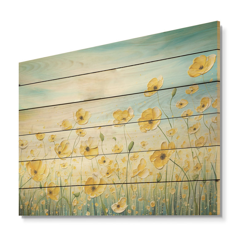 Buttercups Floral Array Field I - Art mural en bois champ de fleurs sur bois de pin naturel, H 30 po x l 40 po