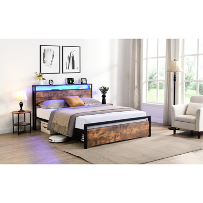 Full Bed Frame With Headboard Storage & Led Lighting - No Box Spring, Strong Metal Structure Lit Construction, Slats, Charging, Black/brown