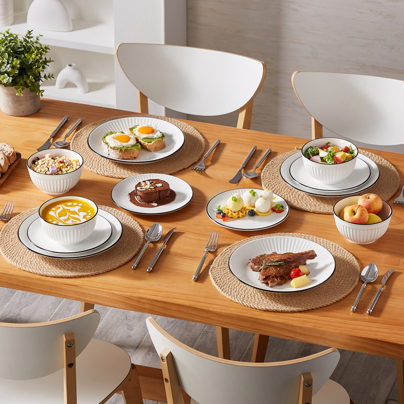 Piece Porcelain China Dinnerware Set - Service for 4, White/Black