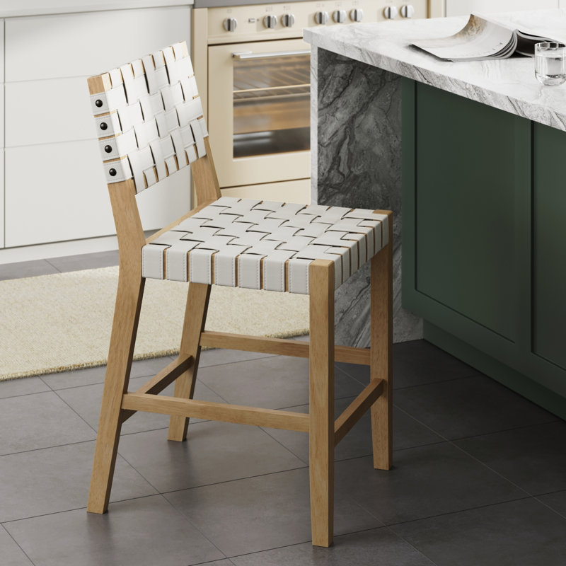 Woven Faux Leather Bar Stool With Back And Solid Wood Legs, 1