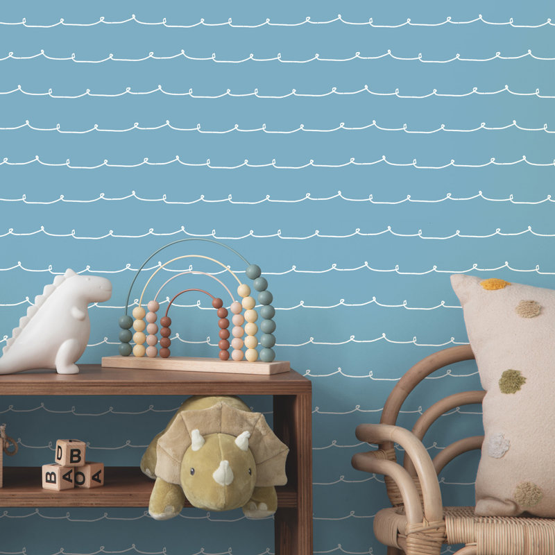 Papier peint à rayures bleues Wiggle Line, Bleu