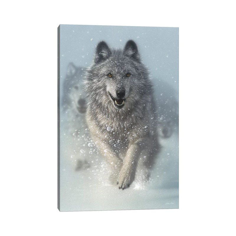 Chasse-neige - loups qui courent, vertical, H 26 po x l 40 po x P 1,5 po, Toile tendue