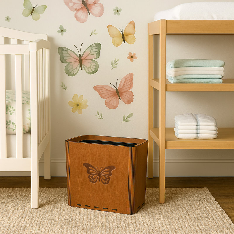Slim Trash Can - Butterfly - Wooden Garbage Bin for Bedroom, Brown