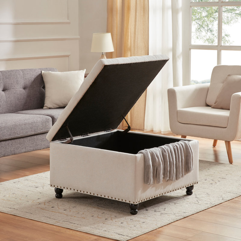 Arshi 30'' Tufted Square Storage Ottoman, Beige Linen Blend
