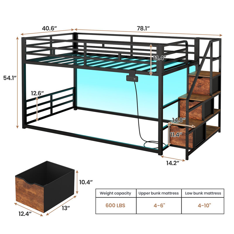 Low Bunk Bed With Storage Staircase, Drawers And Shelves, Led Lights, Power Outlet, Full-length Guardrail, For Small Space